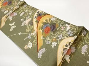 流水に片輪車・草花・蝶模様織出し袋帯